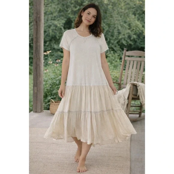 Free People Tiered Midi Dress Cream Beige Raglan Sleeve Boho Size M - Picture 1 of 10